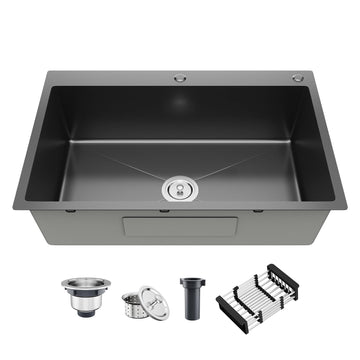 33"x19" Black Drop-In | Topmount Single Bowl, 9" Deep Stainless Steel Modern Kitchen Sinks with Nano Coating