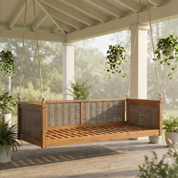 Porch Swing Bed, Twin Size Outdoor Solid Wood Hanging Daybed with Rattan Frame Long Ropes Teak Garden Swing Bench for