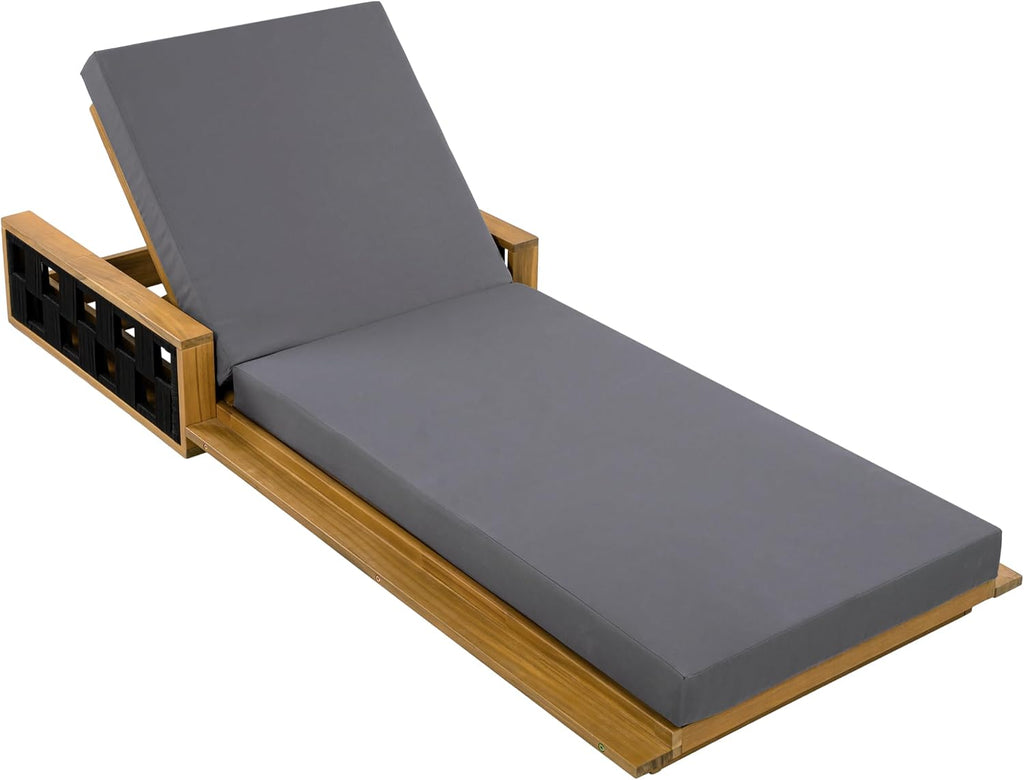 Acacia Wood Chaise Lounge Chair Outdoor with 2-Fold Cushion, Adjustable Backrest Sun Lounger Recliner, Wooden