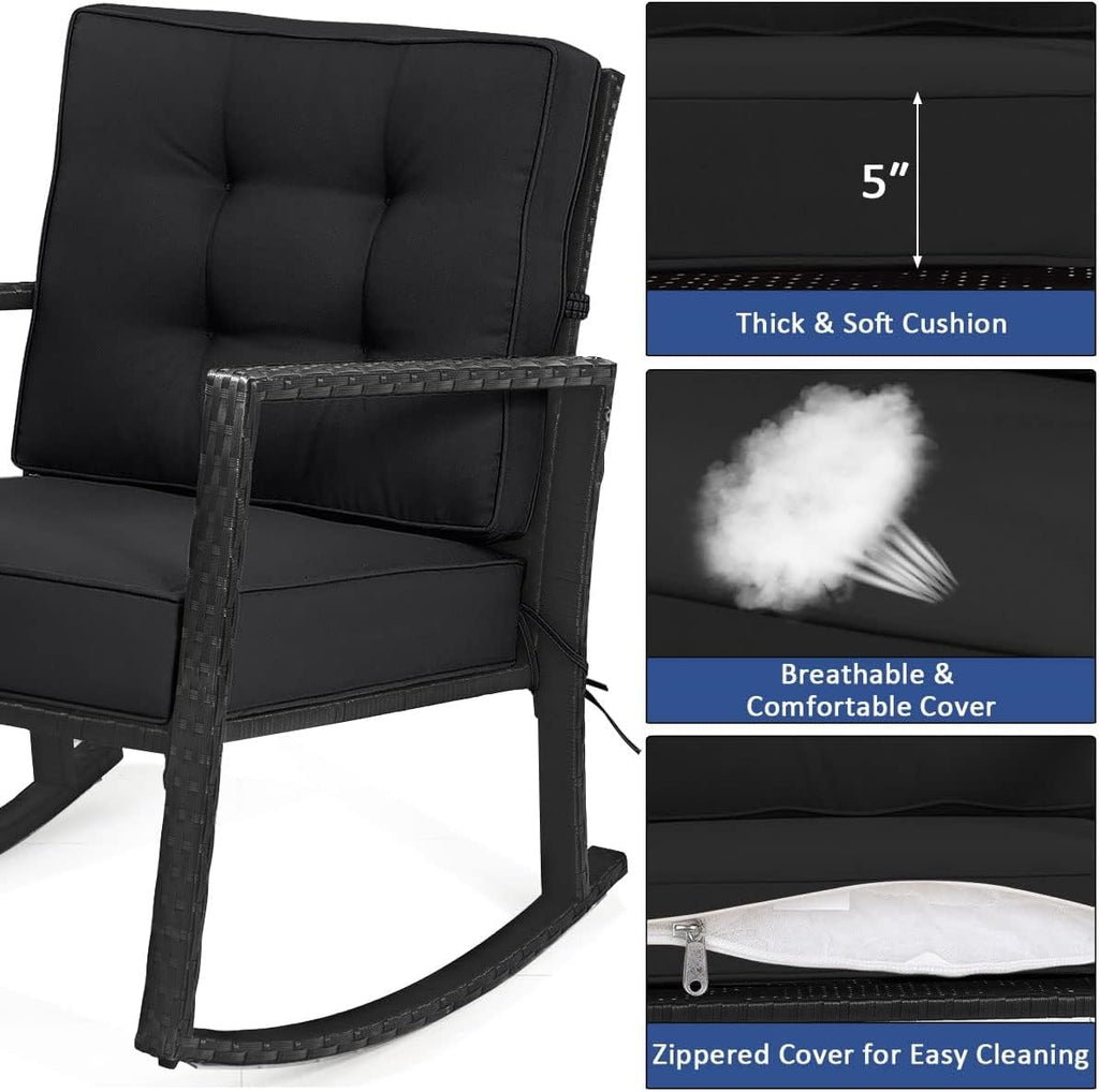 Wicker Rocking Chair, Outdoor Patio Glider Chair with Heavy-Duty Frame, Thick Cushion, Rattan Rocking Chair for