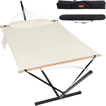 2 Person Hammock with 12FT Stand for Outside, Quilted Double Hammock with Detachable Pillow, Balance Strap & Carrying