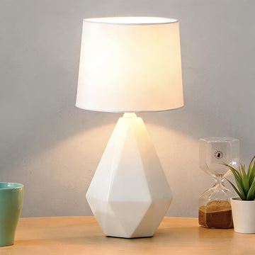 15" Modern Small Ceramic Table Lamp, White Irregular Geometric Bedside Table lamp, Nightstand Lamps with White Fabric