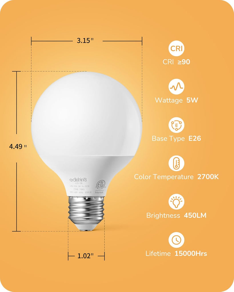 Vanity Light Bulbs, G25 LED Bathroom Light Bulbs, Globe 25 Watt Equivalent Light Bulb, CRI90+ 2700K Warm White 450LM (8 Pack)