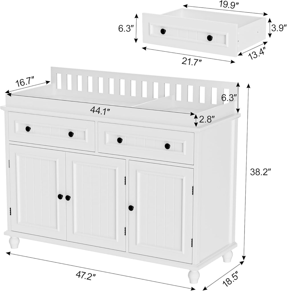 Large Nursery Dresser with Drawers, 47'' White Baby Diaper Changing Table | Wood Changing Station for Infants
