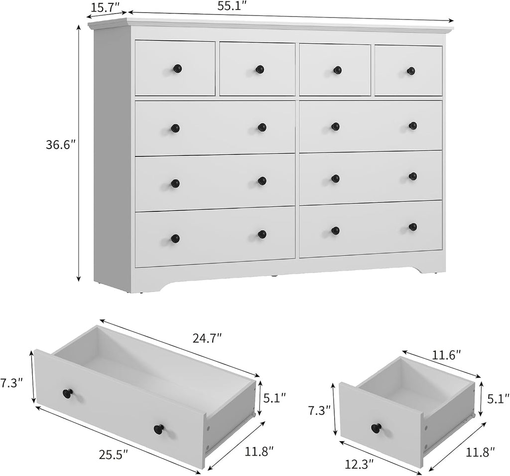 Modern 10 Drawer Dresser, 55.1" Wide Dressers & Chests of Drawers with Large Capacity Storage, Mid Century White