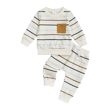 Toddler Baby Boy Fall Winter Outfits Striped Print Long Sleeve Sweatshirt Tops and Casual Pants 2pcs Clothes Set
