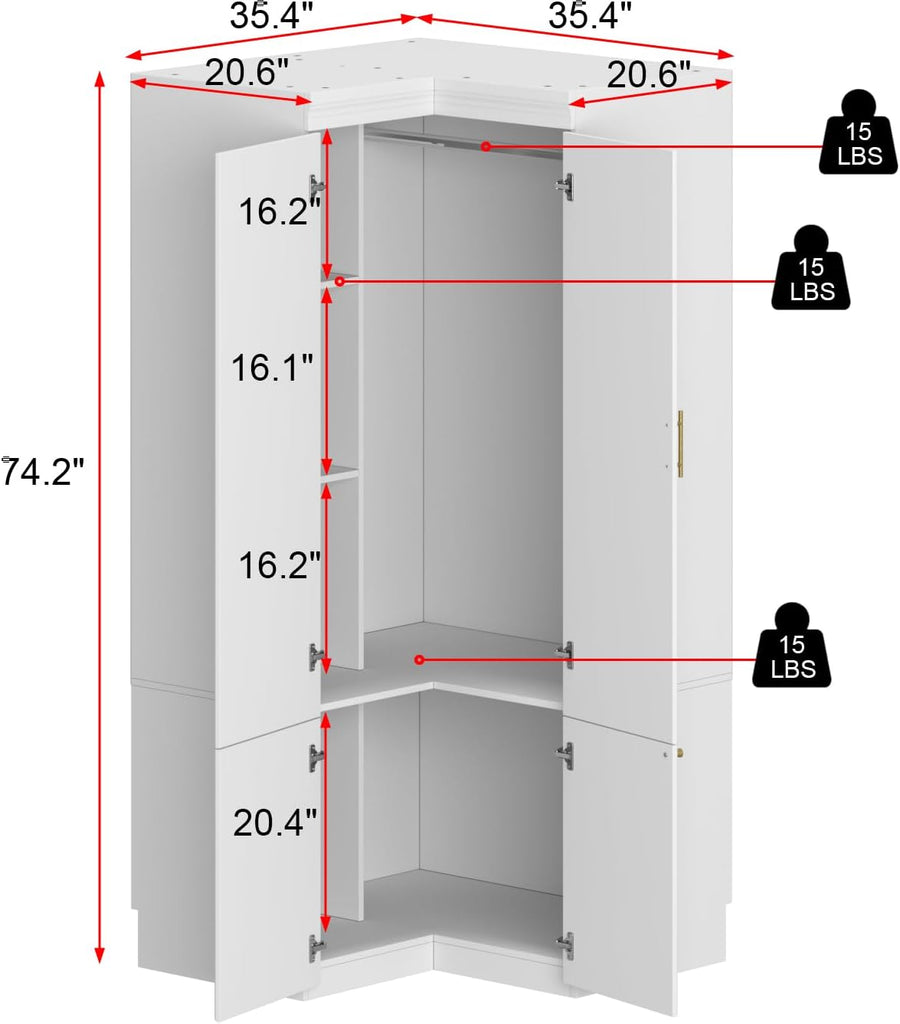 Corner Armoire Wardrobe Closet with Drawers, White Coat Closet with Doors, Modern Tall Wardrobe Corner Cabinet Closet