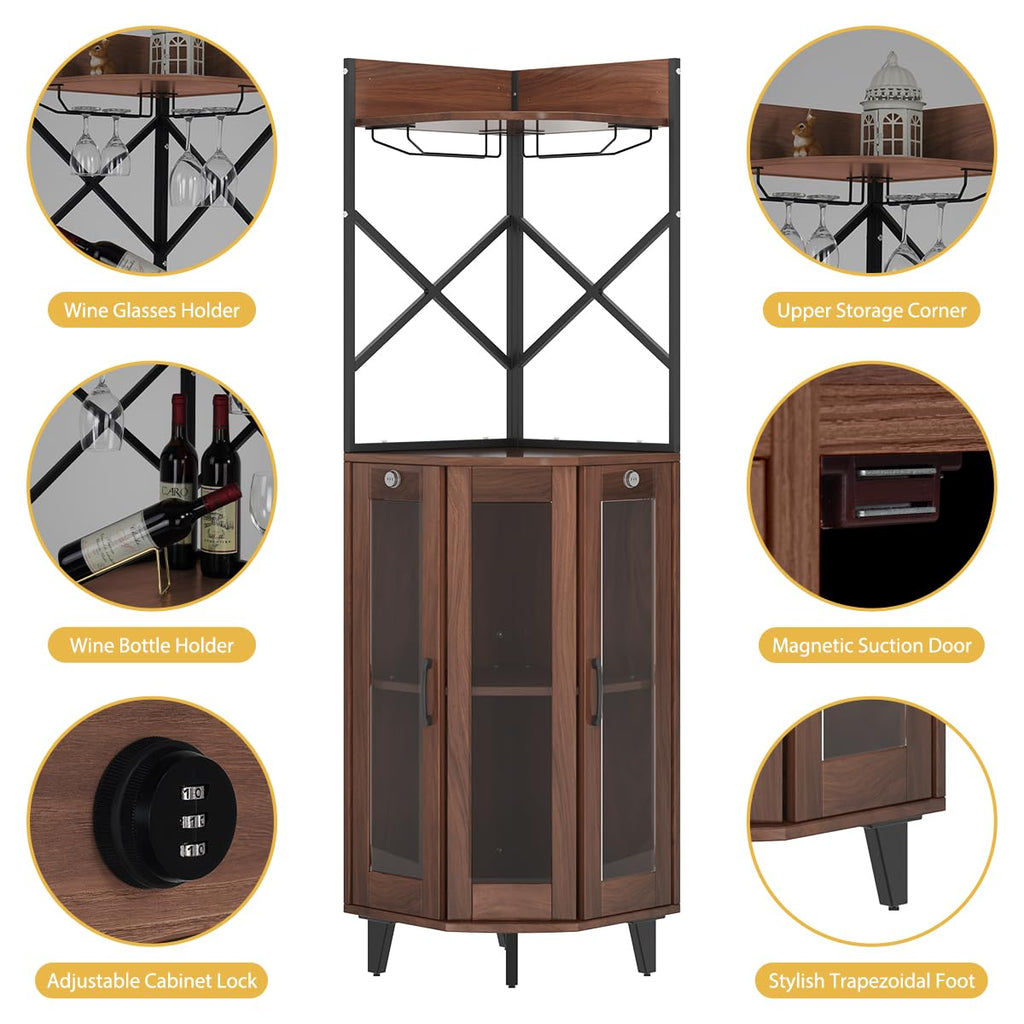 Walnut Corner Wine Cabinet, Lockable Glass Door with LED Light