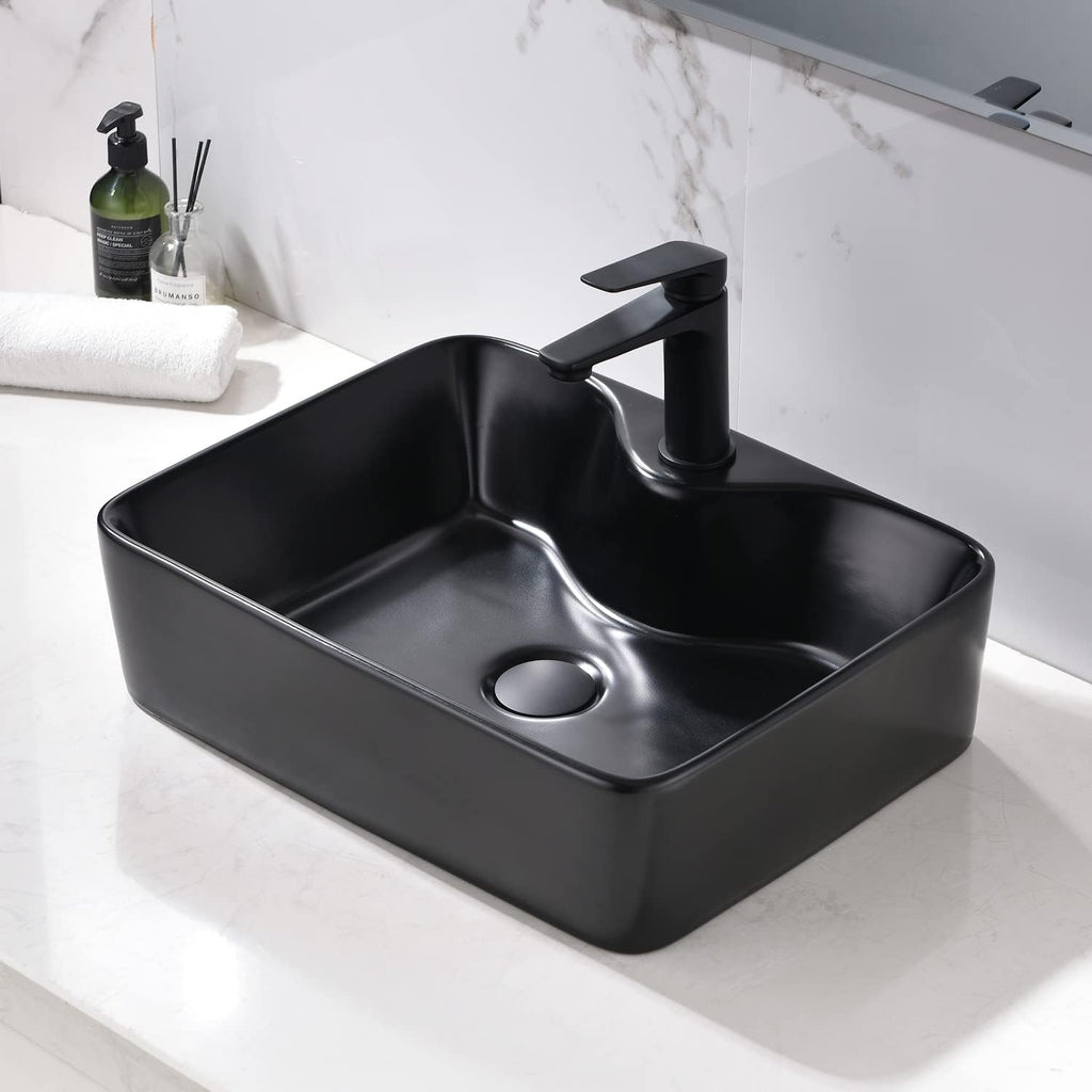 Black Bathroom Sink and Faucet Combo -VOKIM 19"x15" Bathroom Vessel Sink Rectangle Above Counter Matte Black Porcelain