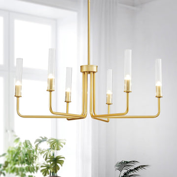 Gold Wagon Wheel Chandelier for Dinning Room, Modern Pendant Light Fixture with Glass Shades for Living Room, Entryway, 6-Light