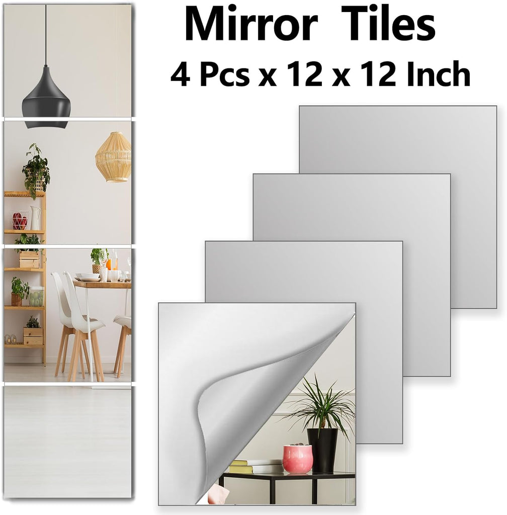 Shatterproof Wall Mirror Full Length , Acrylic Gym Mirrors , Extra Thick: 0.12 inch, 12 x 12 inch x 4 Pcs, Workout