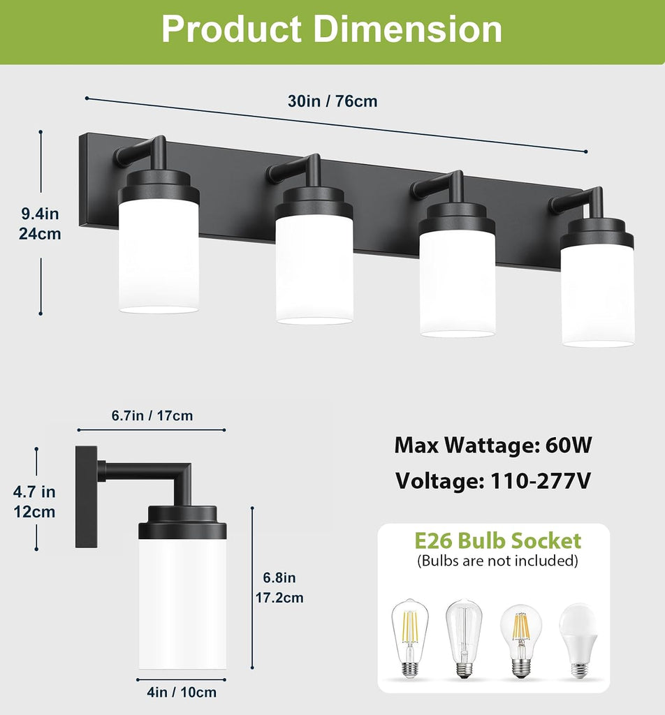 Bathroom Light Fixtures, Matte Black Bathroom Lighting Fixtures Over Mirror, Modern Vanity Light with White Glass
