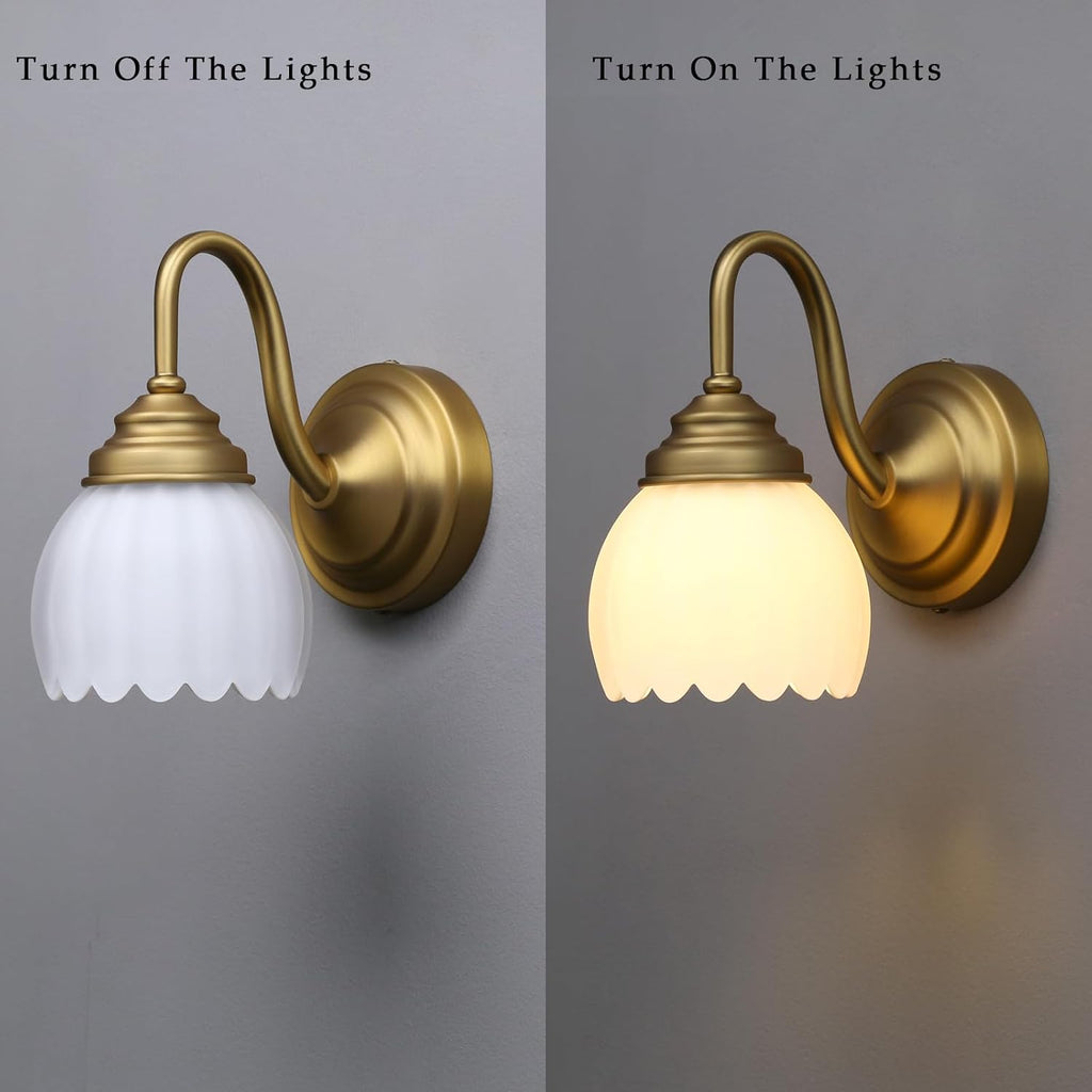 Vintage Brass Boho Wall Sconces, Hardwired Wall Lights with Tulip Glass Lampshade, Brass Vanity Lamp Modern Wall