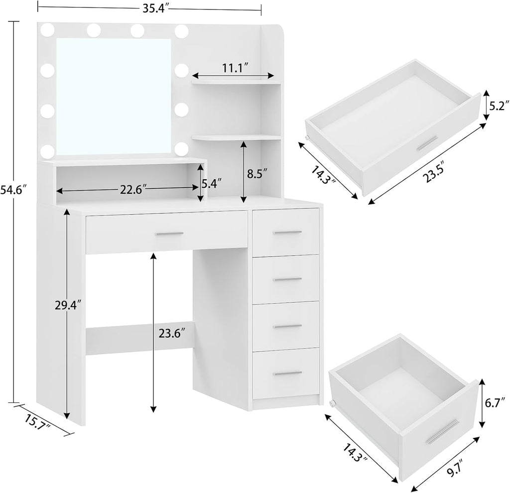 Vanity Desk with Mirror & Lights, Makeup Vanity with 5 Drawers & Storage Shelves, White Vanity Table, 3 Color Modes &