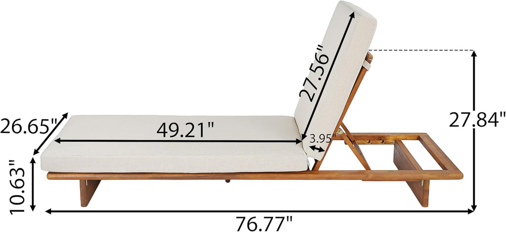 Acacia Wood Chaise Lounge Chair Outdoor with Water Resistant Cushion, 4-Position Adjustable Outdoor Recliner