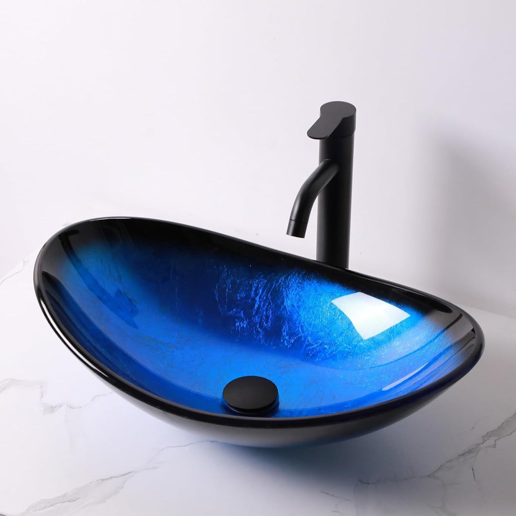 Glass Vessel Sink Bathroom Sink 21" Artistic Boat Shaped Black Blue Tempered Vessel Sink with Black Faucet Pop Up