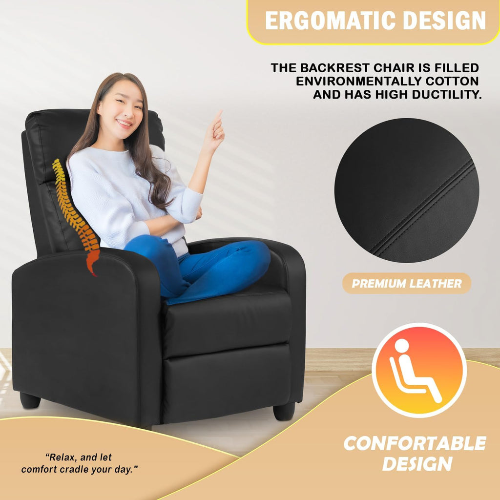 Recliner Chair Single Reclining Sofa Home Theater Seating with Lumbar Support and Padded Backrest for Living Room and Bedroom (Leather, Black)