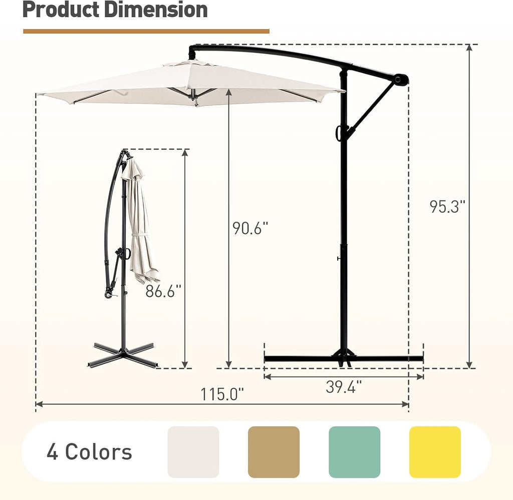 Offset Patio Umbrella, Cantilever Hanging Outdoor Umbrella w/360-degree Rotation, Handy Crank, UV/Waterproof Canopy - Wh
