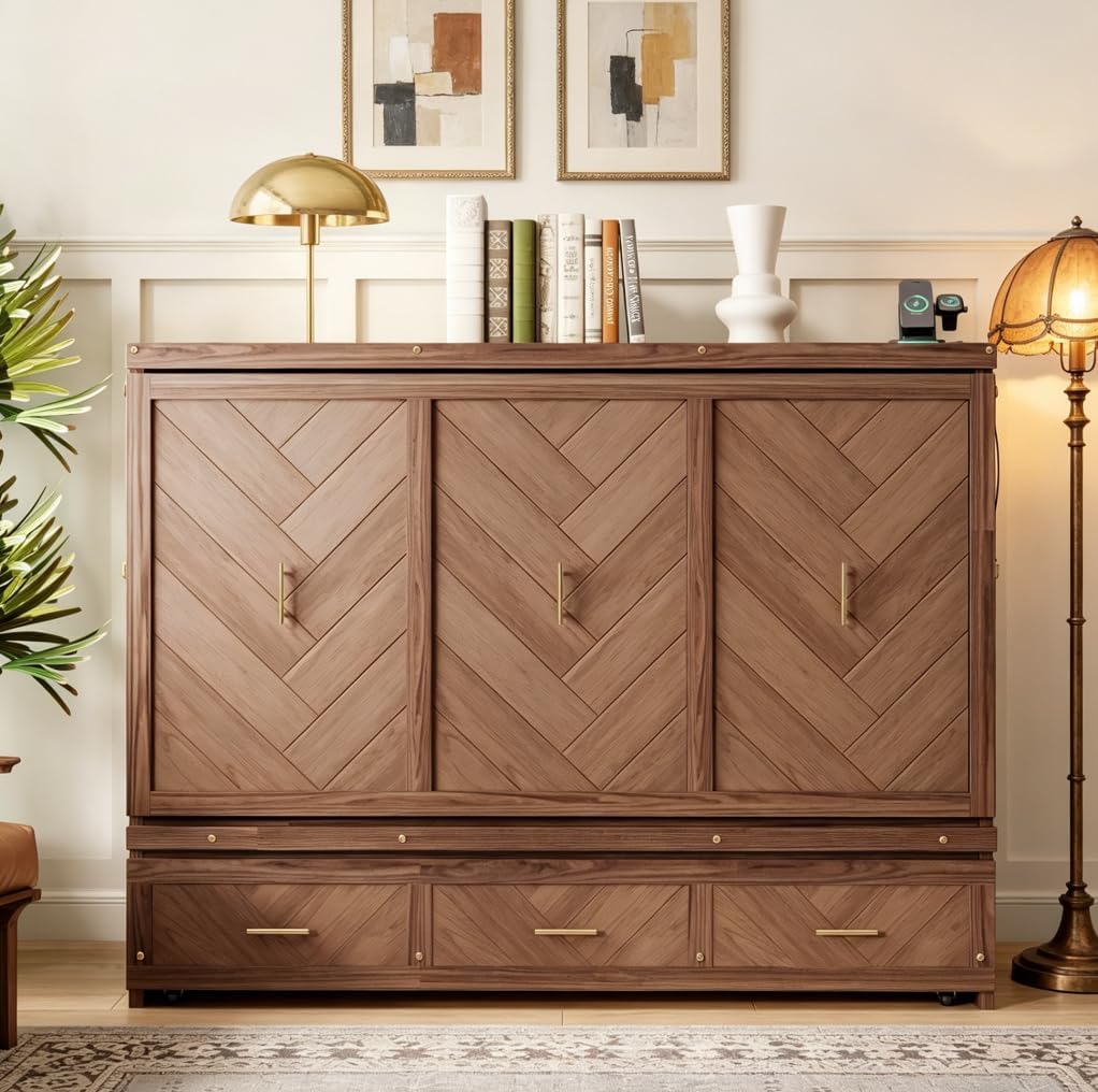 Queen Murphy Bed with Charging Station and Storage, Farmhouse Murphy Bed with Foldable Panel for Guest Bedroom