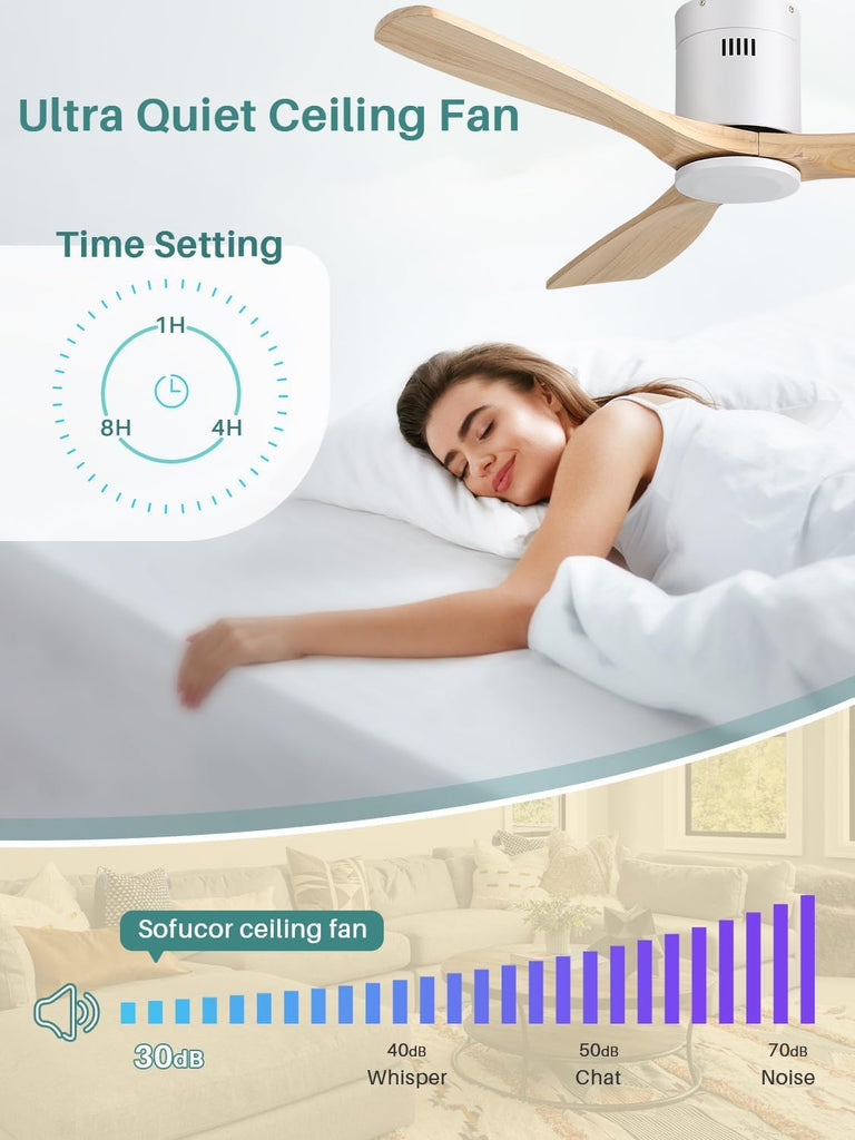 52 Inch Solid Wood Ceiling Fan Without Lights Flush Mount Ceiling Fans with Remote Control