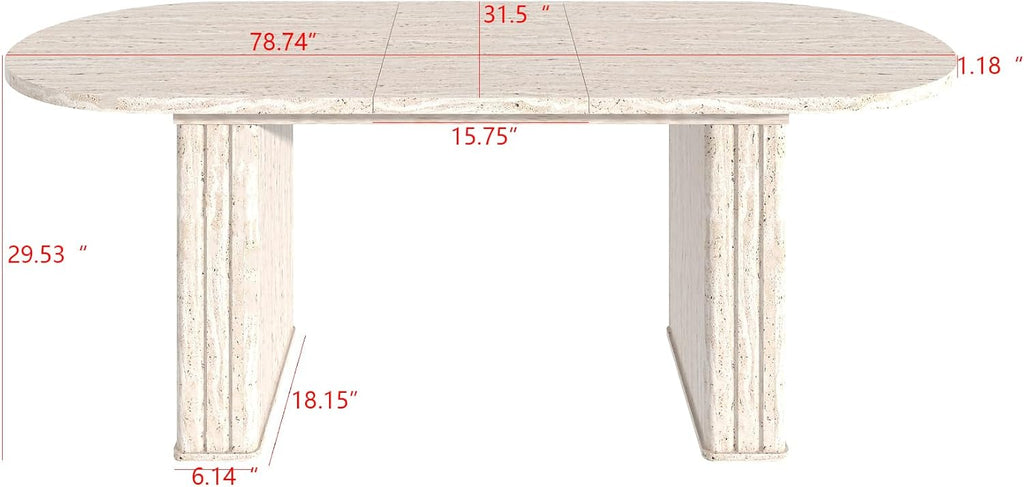 78.74" Extendable Dining Table for 4-8 People,Oval Travertine Inspired Kitchen Table with Wooden Strip Base for