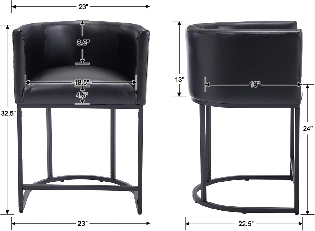 PU Leather Bar Stools Set of 2, Modern Upholstered Counter Height Bar stools 24" Leather Barstools Barrel