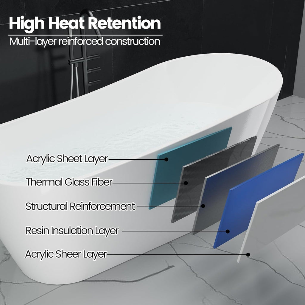 59" Freestanding Bathtub, Black Exterior White Interior Acrylic Stand Alone Soaking Tub, Modern Oval Bath with