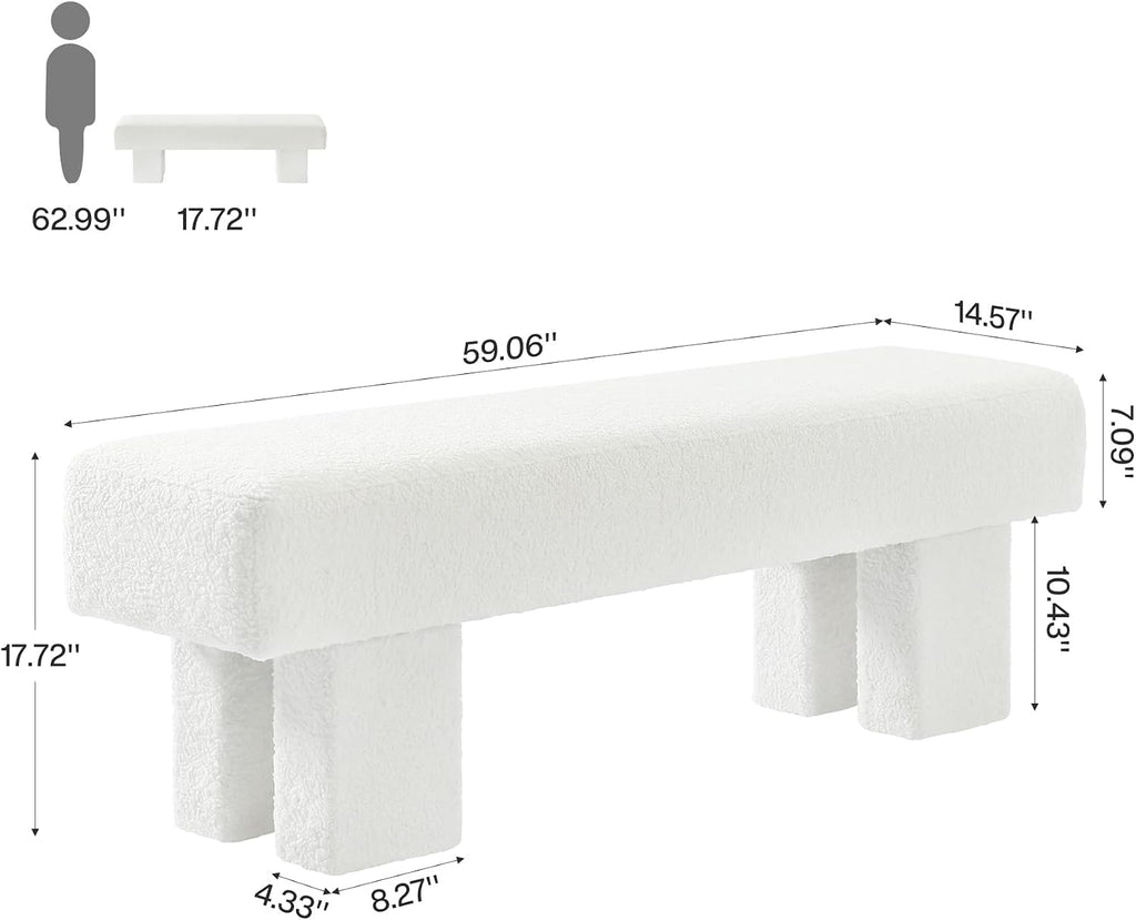 59" White Upholstered End of Bed Bench, Long Bench | Modern Bench for King Bed, High Resilience Entryway Bench ,Teddy