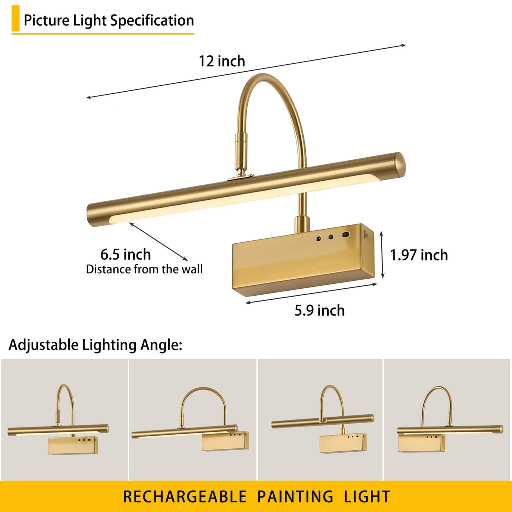 Wireless LED Picture Light, Coredless Art Lighting for Wall, Brass Battery Frame Light with Remote, 3 Color Tone &