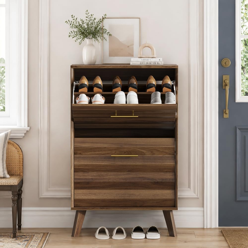 Slim Flip-Top Shoe Cabinet, Mid-Century Modern, 23.6in | Dual Tilt-Out Doors, Open Top Shelf, Angled Solid Wood Legs