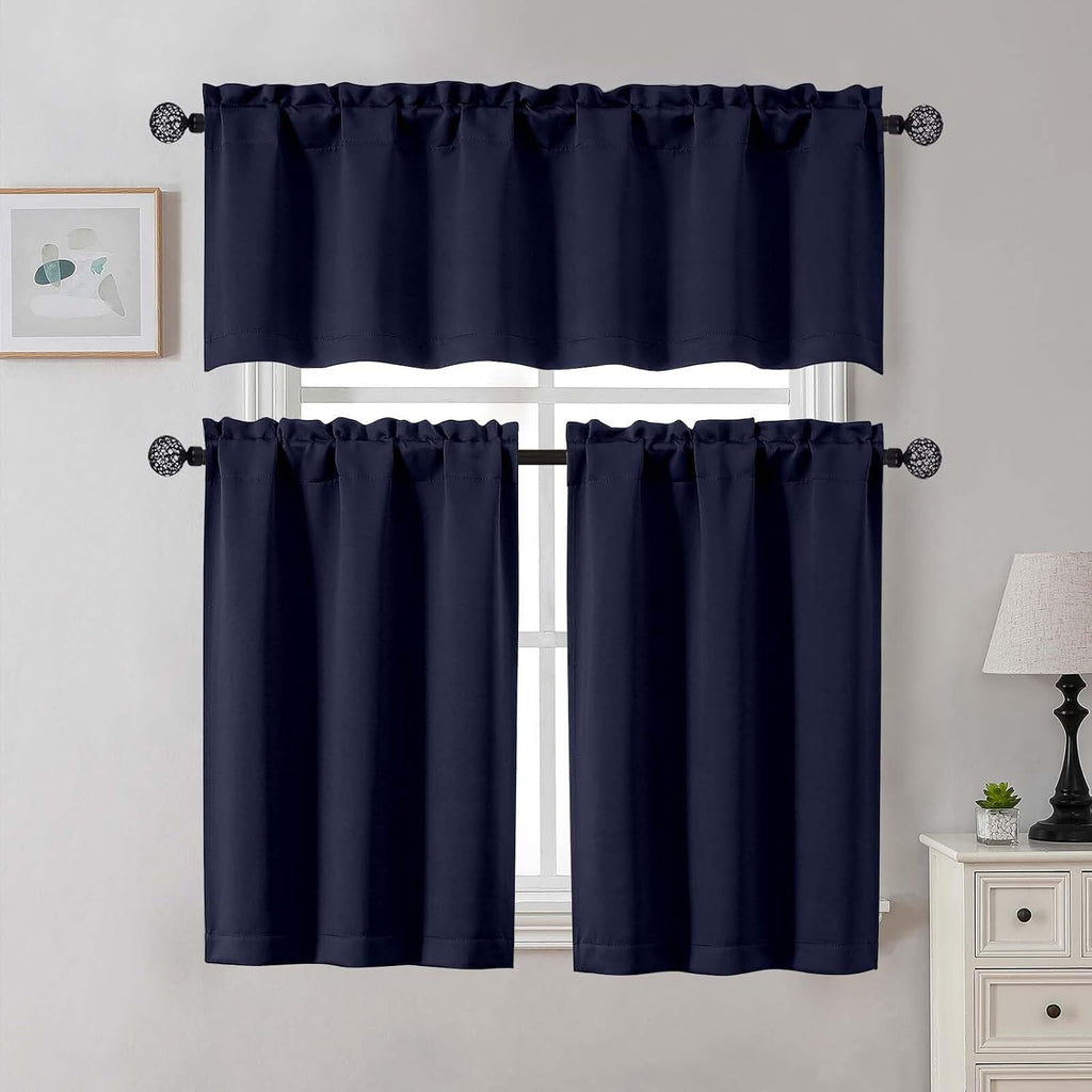 Navy Blue Valance for Windows, Small Blackout Valance Kitchen Curtains for Bathroom Basement, Modern Rod Pocket
