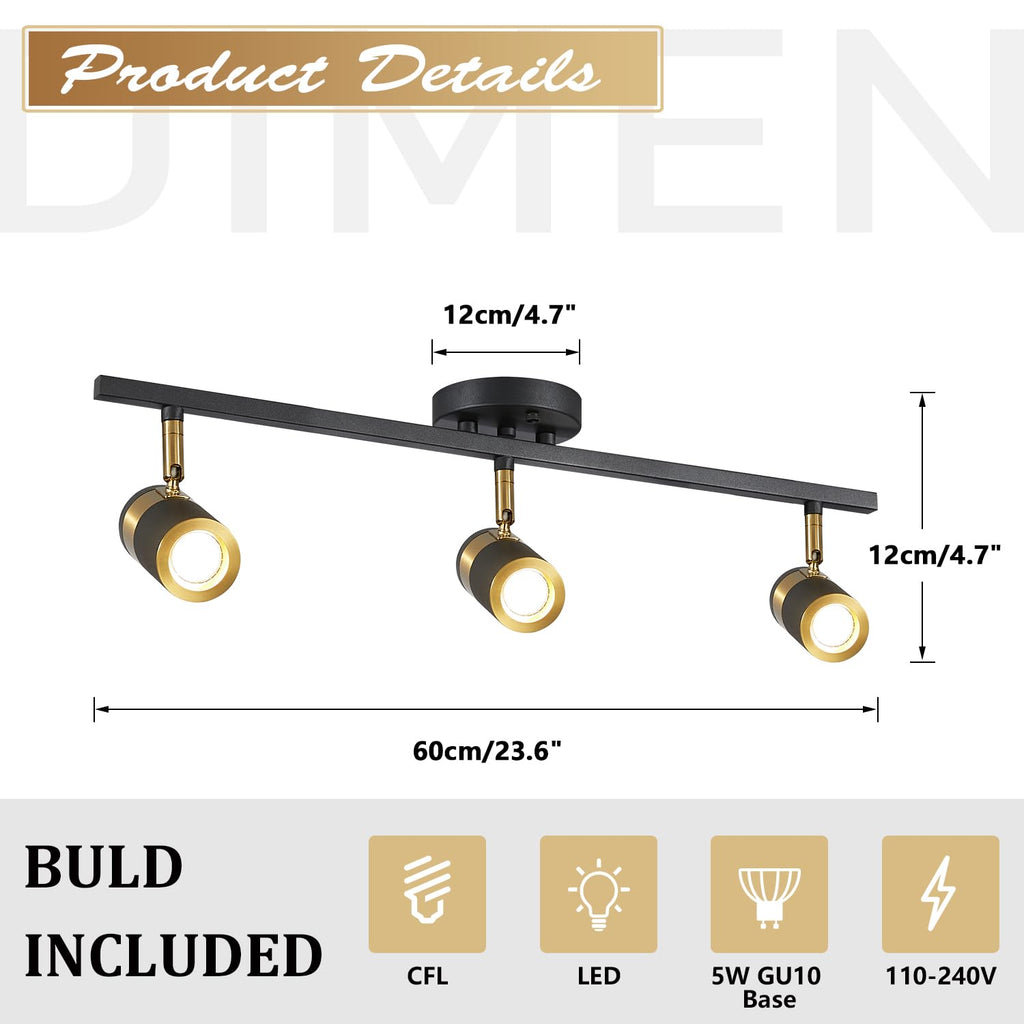 Modern 3 Light Black Track Lighting Kit Adjustable LED Kitchen Track Lighting Fixtures Ceiling Spot Light Fixture