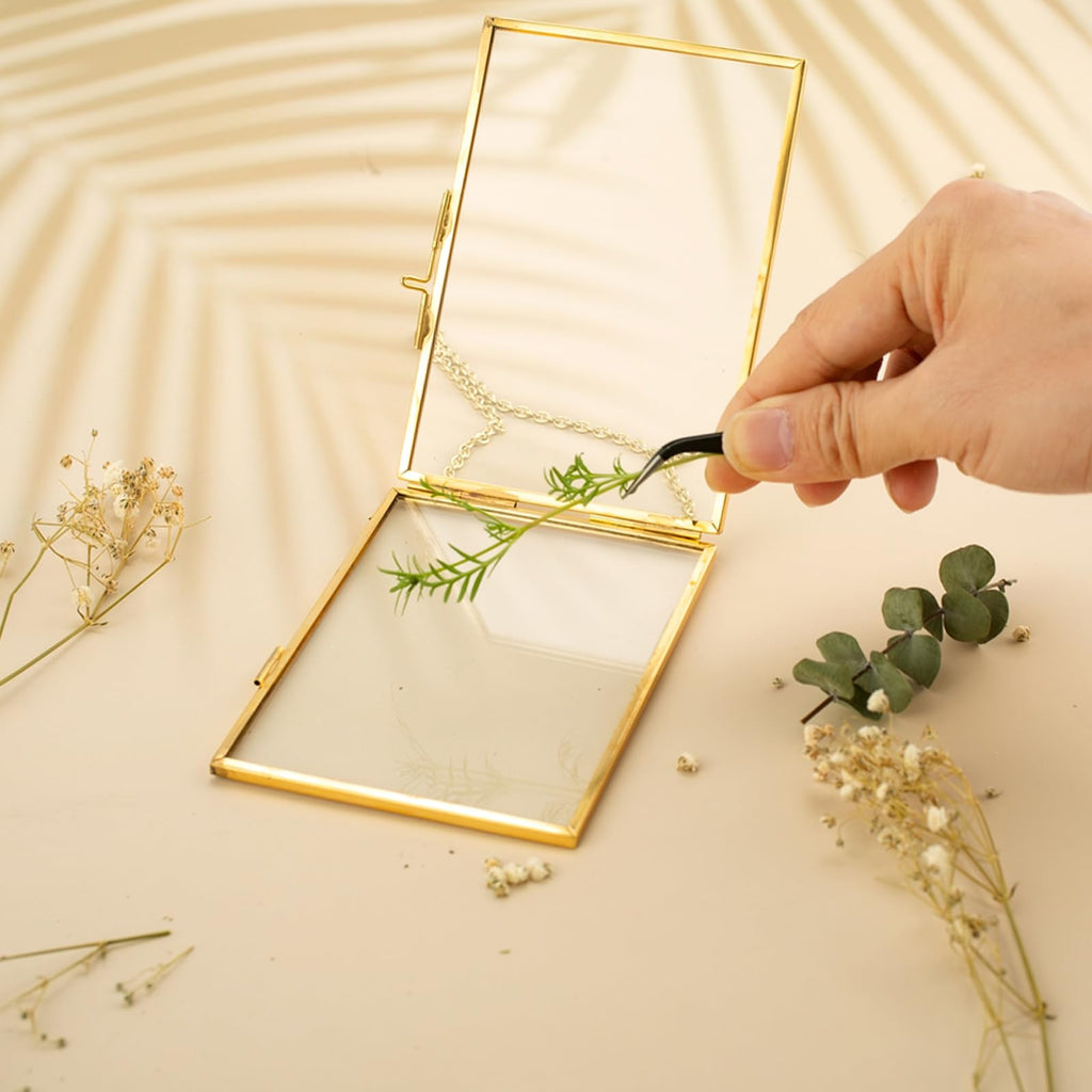 5 Pcs Pressed Flower Frames with Tweezers, Wall Hanging Tabletop Display Double Glass Frames with Metal Chain for