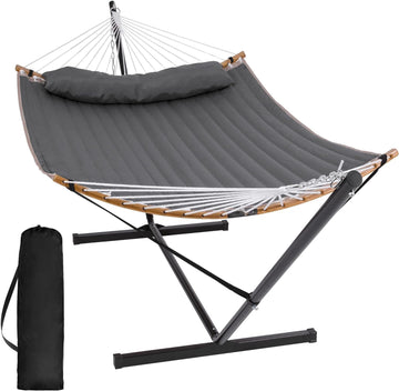 Double Portable Hammock with Stand, 2 Person Hammock with Curved Spreader Bar, Balance Ropes Included, Dark Gray | 2