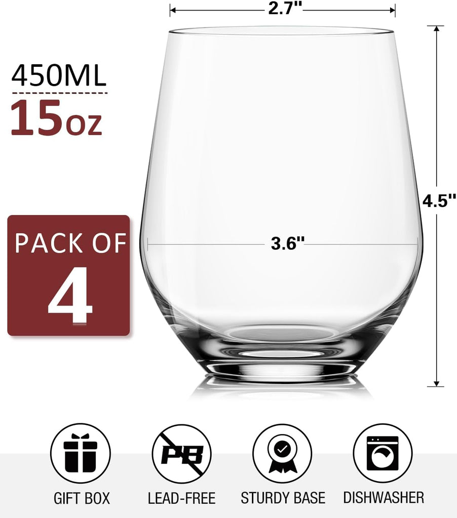 Stemless Wine Glasses Set of 4, Red White Wine Glasses, No Stem, Clear, 15oz, Premium Crystal Sturdy Drinking Glass