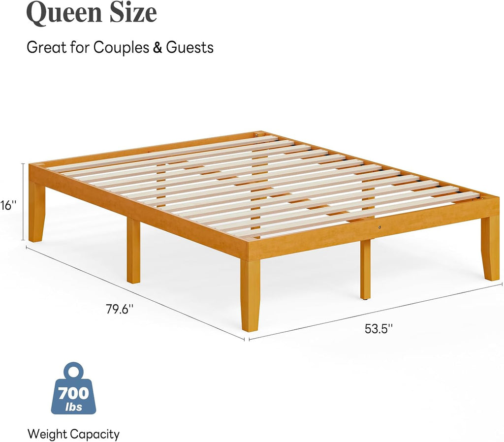 Queen Solid Bed Frame Wood 16 Inches, Sturdy Platform Bed with Heavy Duty Wooden Slat Support, No Box Spring Needed