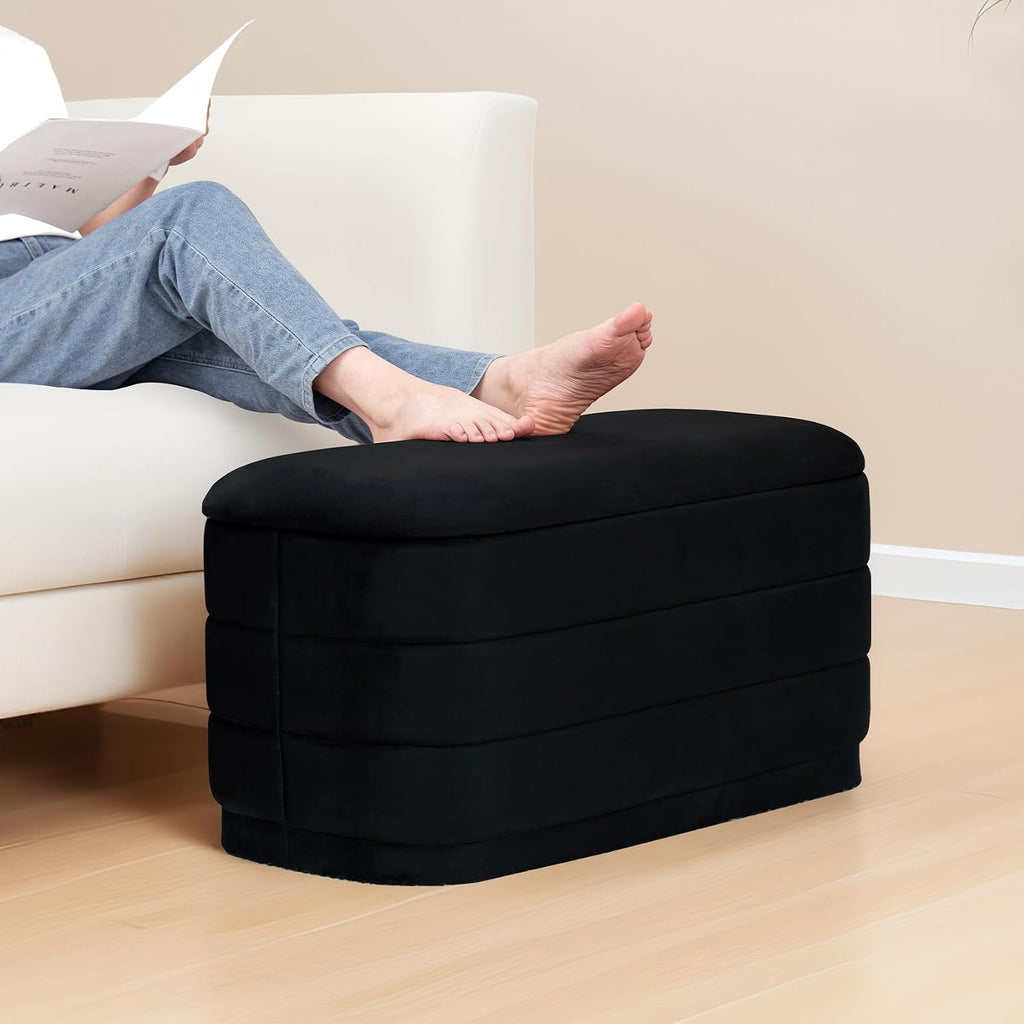 30" Velvet Storage Ottoman Bench with Wooden Tray Lid, Folding Large Upholstered Ottoman Footstool , Rectangular