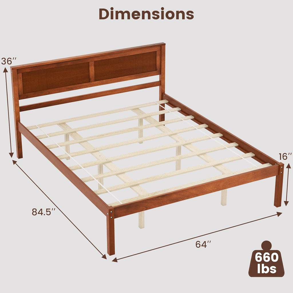Queen Wood Platform Bed Frame with Headboard, Mid Century Queen Bed Frame with Wood Slat Support, Solid Wood
