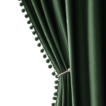 Emerald Green Pom Pom Velvet Blackout Curtains, 52"x63" Set of 2