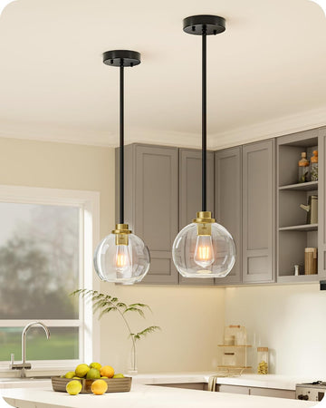 Mid Century Kitchen Pendant Lighting Over Island 2 Pack, Clear Glass Globe Shade, Hardwired Black and Gold Adjustable