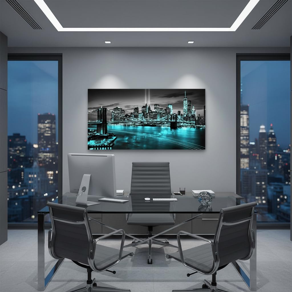 New York City Canvas Wall Art Black White Brooklyn Bridge Pictures Teal NYC Skyline Cityscape Artwork Bedroom Modern