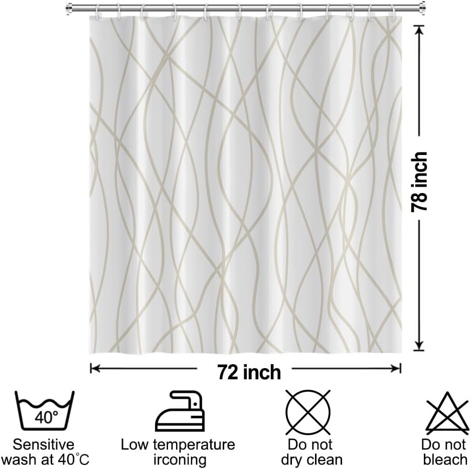 Beige Khaki Striped Long Shower Curtain 72"x78" | Modern Geometric Lines, Room Divider, Waterproof Machine Washable