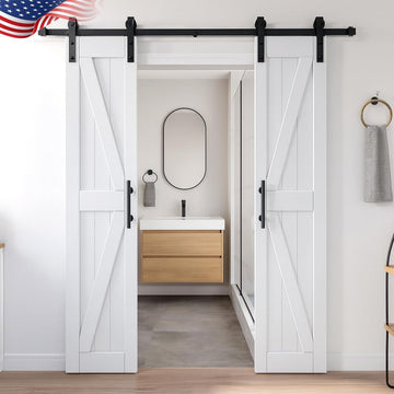 18in x 84in MDF Double Barn Door with 6FT Sliding Door Hardware Kit, Solid Barn Door Slab Covered wi