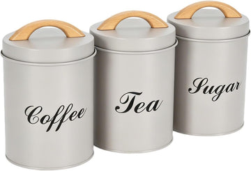 Coffee Sugar Tea Canister Set, 3 Pack Metal Kitchen Containers with Airtight Lids and Wood Handle, Labeled Food - Set of 3
