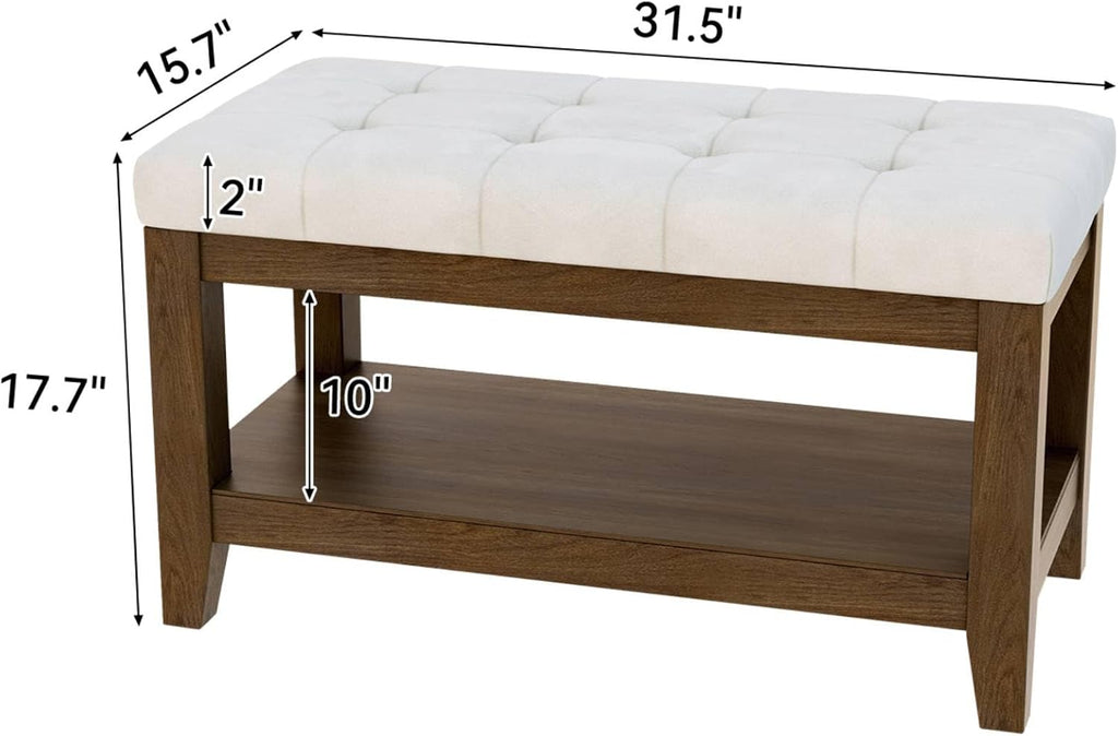Solid Rubber Wood Shoe Bench, Soft Chenille Material Upholstered Seat, 770LB Load Capacity, Multi-Storage