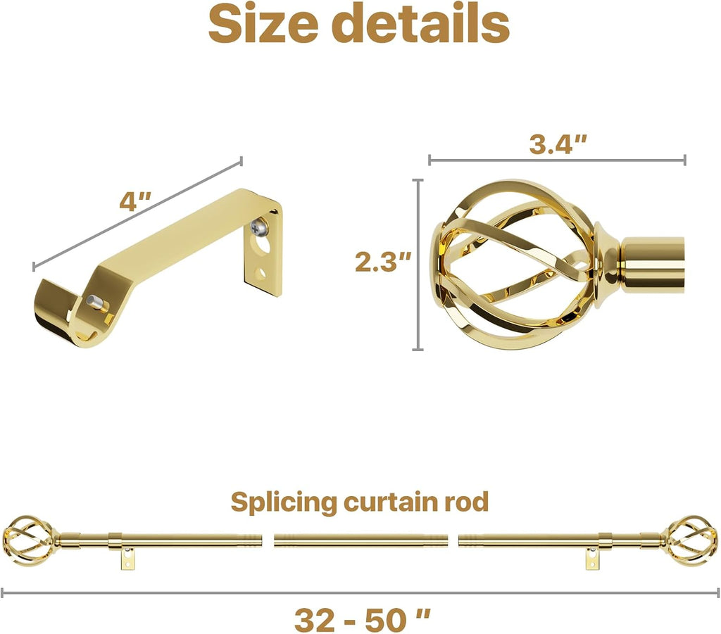 Gold Curtain Rods for Windows 32-50 inch with Twisted Cage Finials, Adjustable Curtain Rod Set with Brackets, Heavy