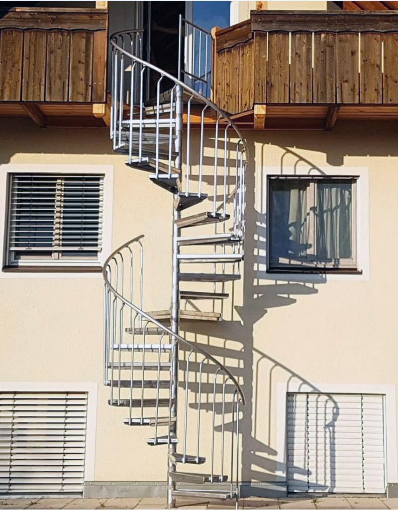 German Outdoor Spiral Staircase, Hot-Dip Galvanized Standpipe Expanded-Metal Step, Aluminum Handrail, 25-Step incl
