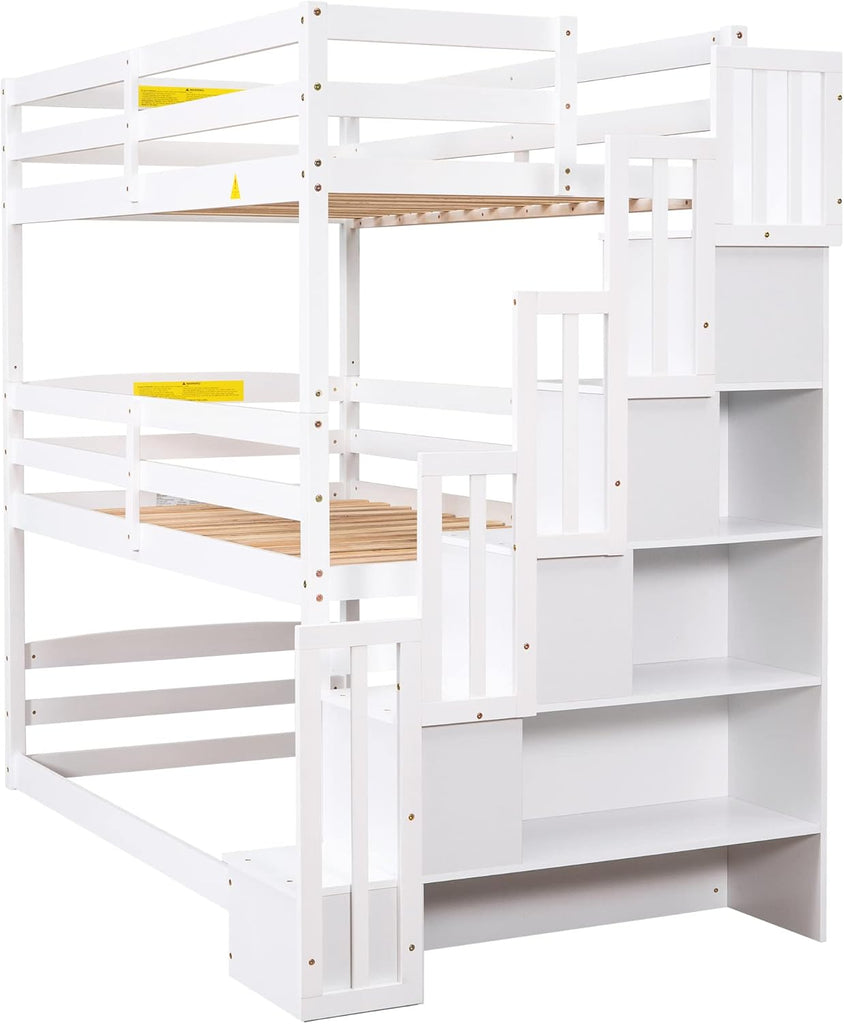 Solid Wood Triple Bunk Bed Twin with Storage Stairs and Shelves for Saving Space, Can Bed Separated Into 2 Beds