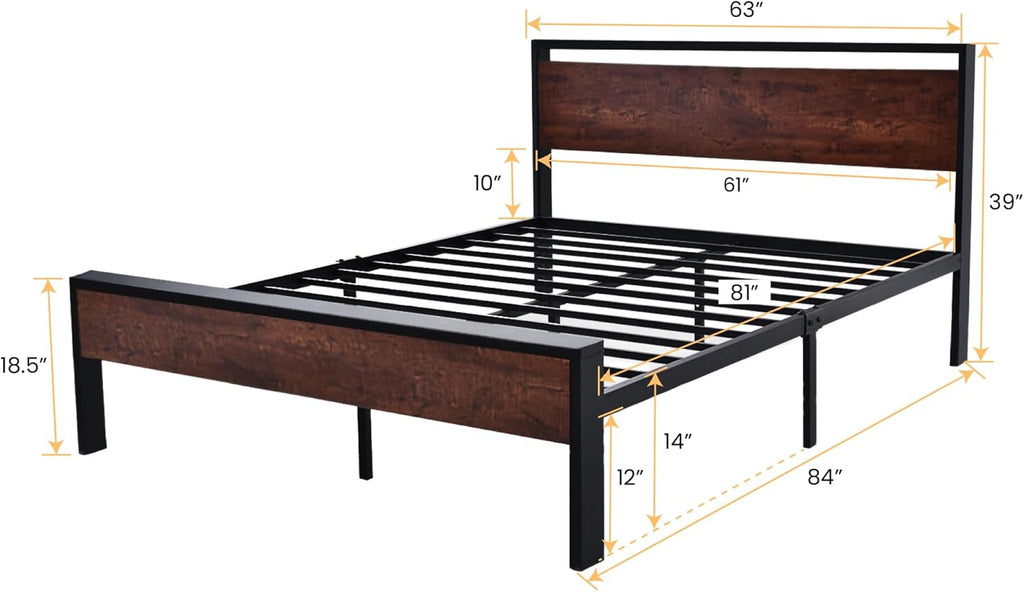 14 Inch Queen Metal Platform Bed Frame with Wooden Headboard and Footboard, Mattress Foundation, No Box Spring