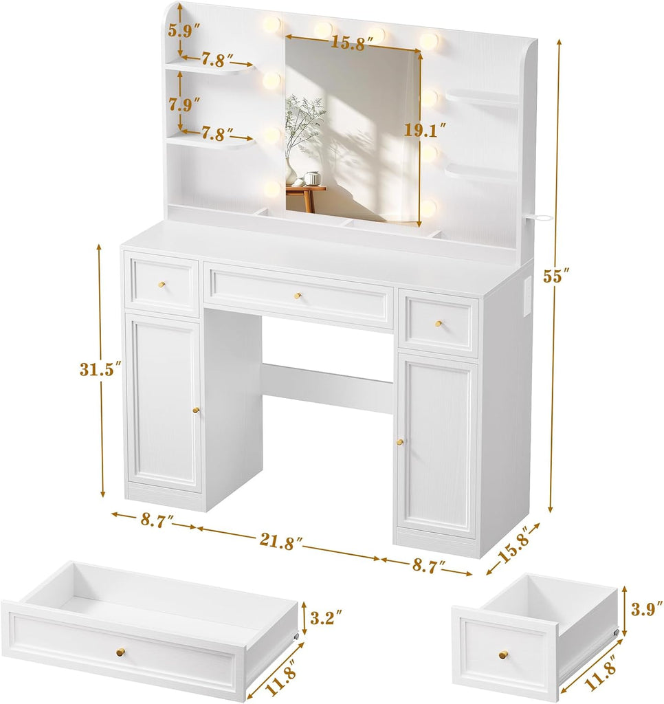 Large Vanity Desk with Mirror and Lights, Makeup Vanity with Power Outlets, 3 Drawers and 2 Large Cabinets, 3